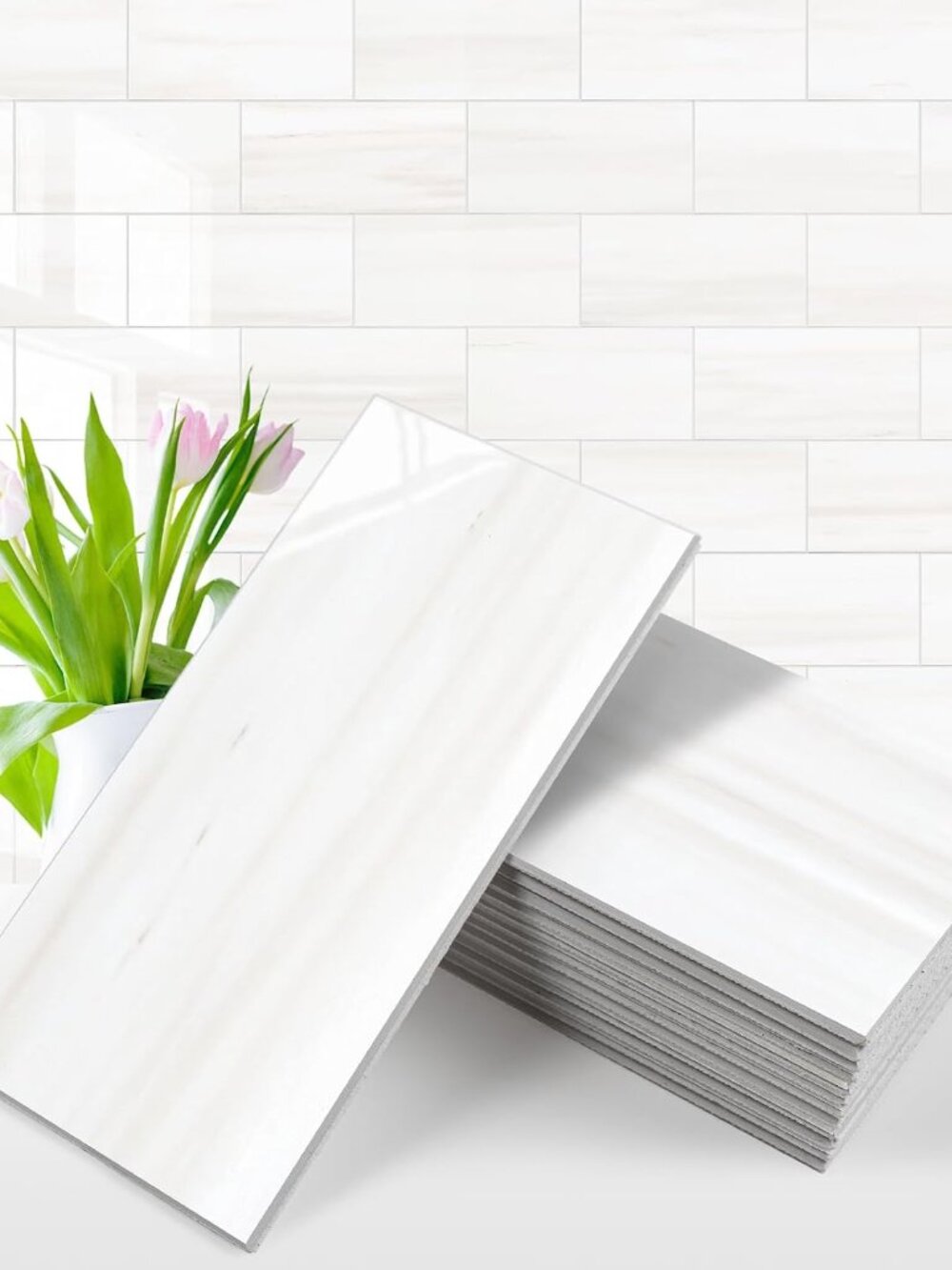 100-Piece Glossy Dolomite White Peel and Stick Backsplash Tile,3''x6'' PVC Subwa